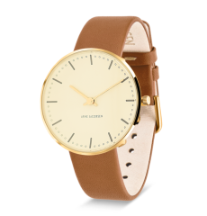 Arne Jacobsen armbåndsur CITY HALL IVORY BLOOM 34 mm brun rem - Ure